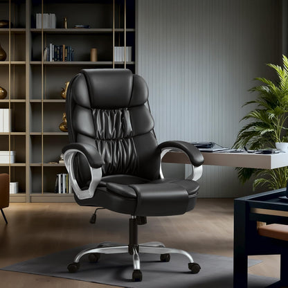 Office Chair High Back Computer Desk Chair, PU Leather Adjustable Height Modern Executive Swivel Task Chair with Padded Armrests and Lumbar Support (Black)