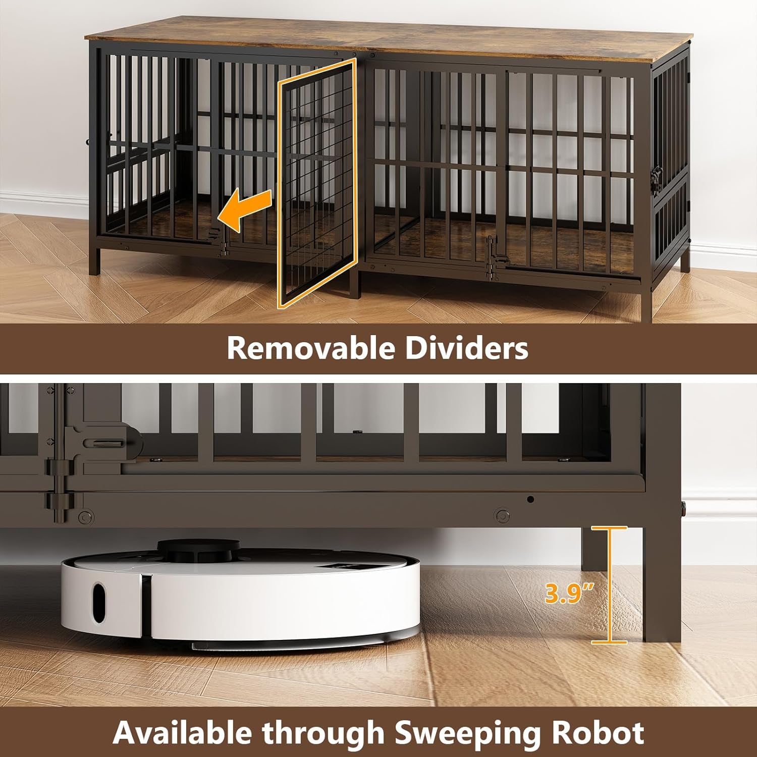 Double 80" Dog Crate Furniture, Extra Large Dog Crates for Large Dogs with 2 Dog Bowl, Wooden Pet Cage with Removable Divider, Sliding Door Dog Crate TV Stand, for 2 Pet, Space Saving