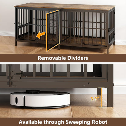 Double 80" Dog Crate Furniture, Extra Large Dog Crates for Large Dogs with 2 Dog Bowl, Wooden Pet Cage with Removable Divider, Sliding Door Dog Crate TV Stand, for 2 Pet, Space Saving