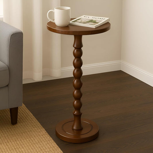 Round Side Table for Small Spaces, Drink Table with Oak Wood Pedestal, Modern End Table Nightstand for Living Room, Bedroom, Office, and Corners, Tool-Free Assembly, Brown