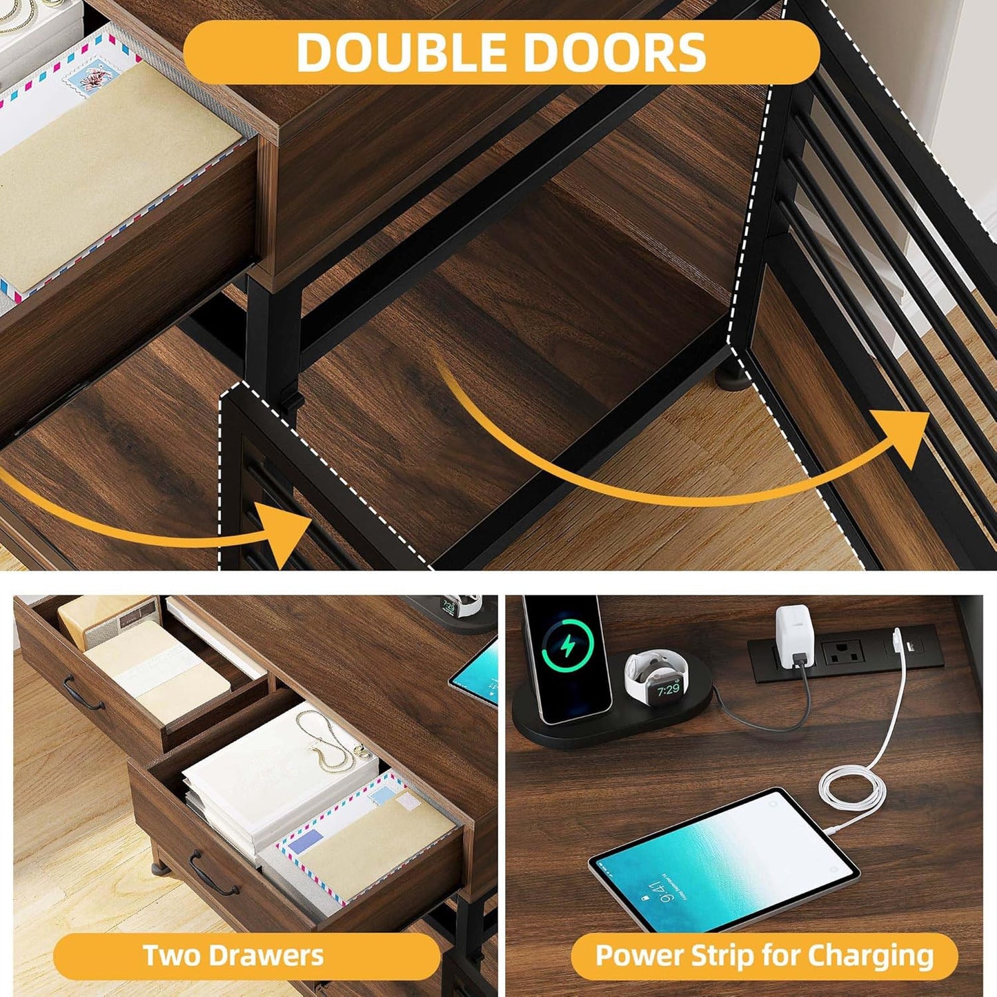 Dog Crate Furniture with Storage Shelves, Heavy Duty Dog Crate with Drawers & Charging Station, 39 Inch Dog Kennel Indoor Furniture for Large Dogs, Modern Dog Crate with Double Doors, Brown