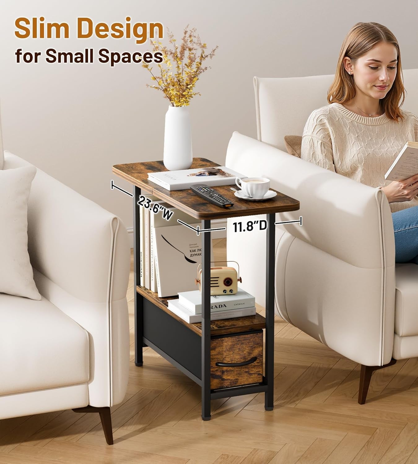 Living Room Side Table with Drawer, 2 Tier Slim End Tables with Storage for Small Spaces, Narrow Nightstand for Sofa Couch, Bedroom, Rustic Brown
