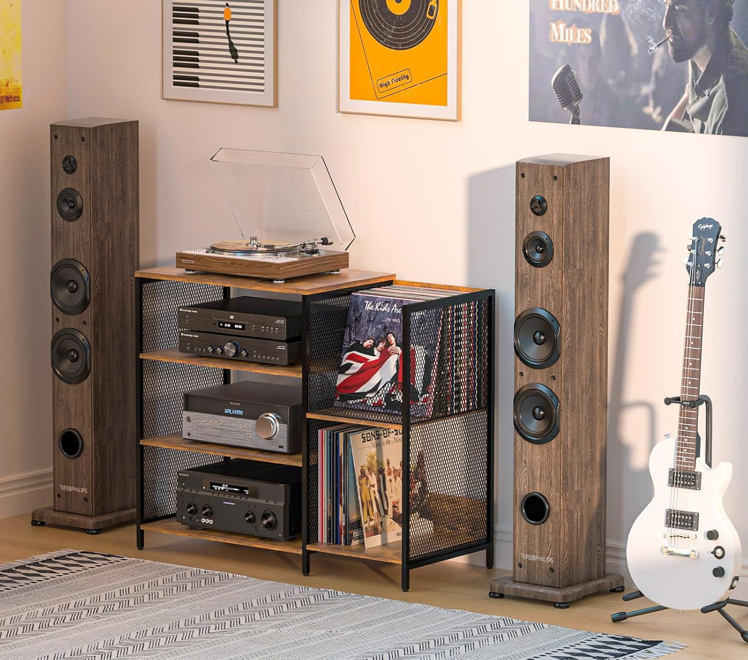Large Record Player Stand Table with Vinyl Record Holder up to 150PCS, AV Media Stand Stereo Cabinet Shelf Rack Tower with Storage, Sturdy, Adjustable Feet, Rustic, Large Capacity