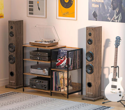 Large Record Player Stand Table with Vinyl Record Holder up to 150PCS, AV Media Stand Stereo Cabinet Shelf Rack Tower with Storage, Sturdy, Adjustable Feet, Rustic, Large Capacity