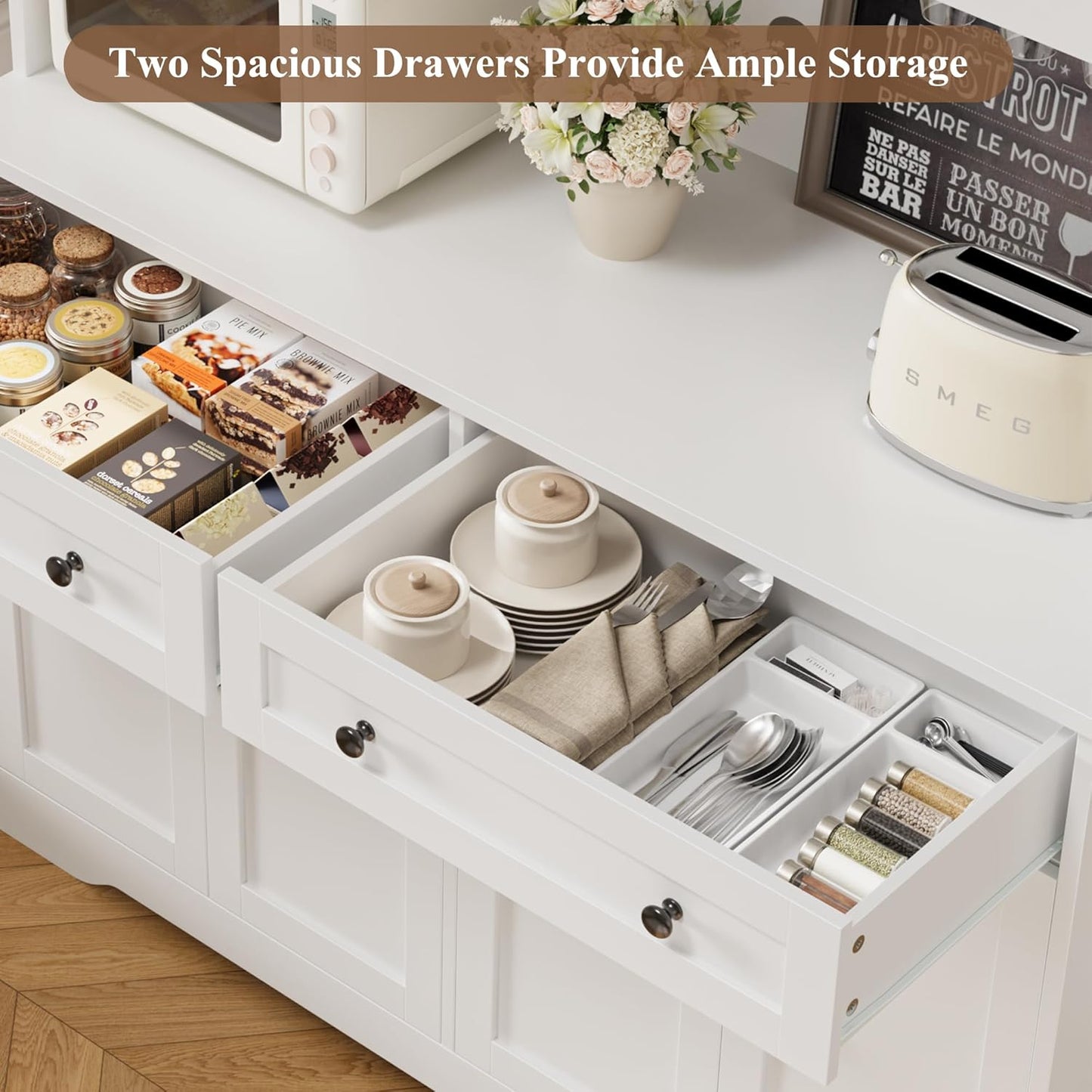 75.4" Tall Kitchen Pantry Cabinet with Charging Station, Modern White Kitchen Hutch with Microwave Stand and Wine Racks, Large Food Pantry Storage Cabinet with Glass Doors and Drawers, White
