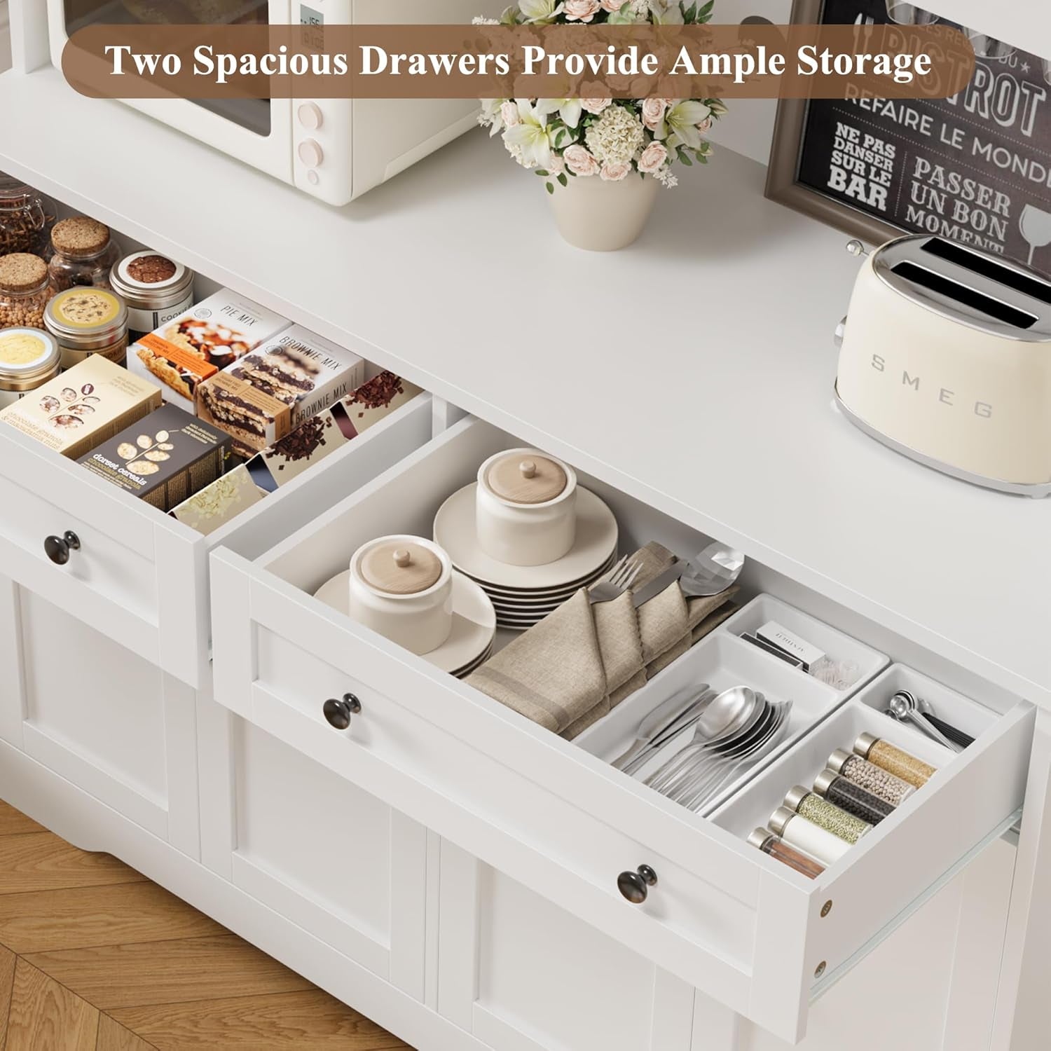 75.4" Tall Kitchen Pantry Cabinet with Charging Station, Modern White Kitchen Hutch with Microwave Stand and Wine Racks, Large Food Pantry Storage Cabinet with Glass Doors and Drawers, White