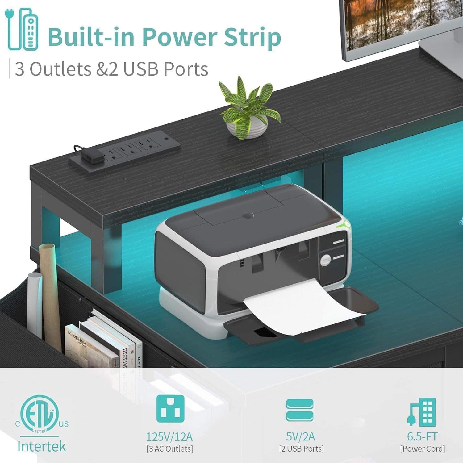 Gaming Desk with LED Lights and Power Outlets, 47 Inch Computer Desk with Fabric Drawers, Reversible Home Office Desk with Monitor Stand, Black