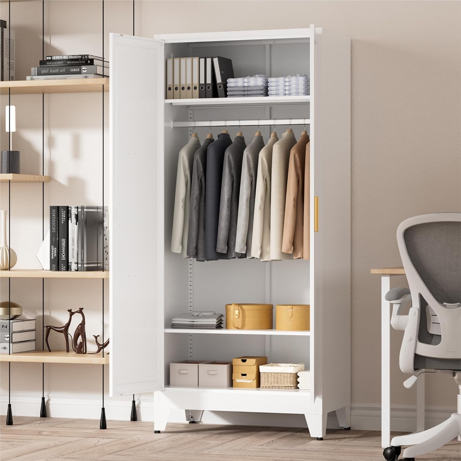 71" Tall Metal Wardrobe Closet with Adjustable Shelves and Hanging Rod, 2 Doors Free Standing Armoire Wardrobe Cabinet for Bedroom, Office, Laundry Room, White