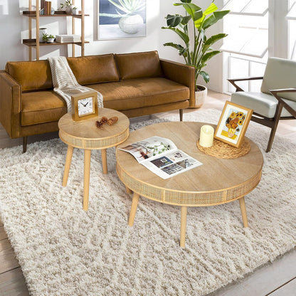 2-Piece Farmhouse Coffee Table, Modern Rustic Sofa Side Tea Tables, Solid Wood Finish with Crafted Rattan Side and End Table Sets for Living Room (Natural)