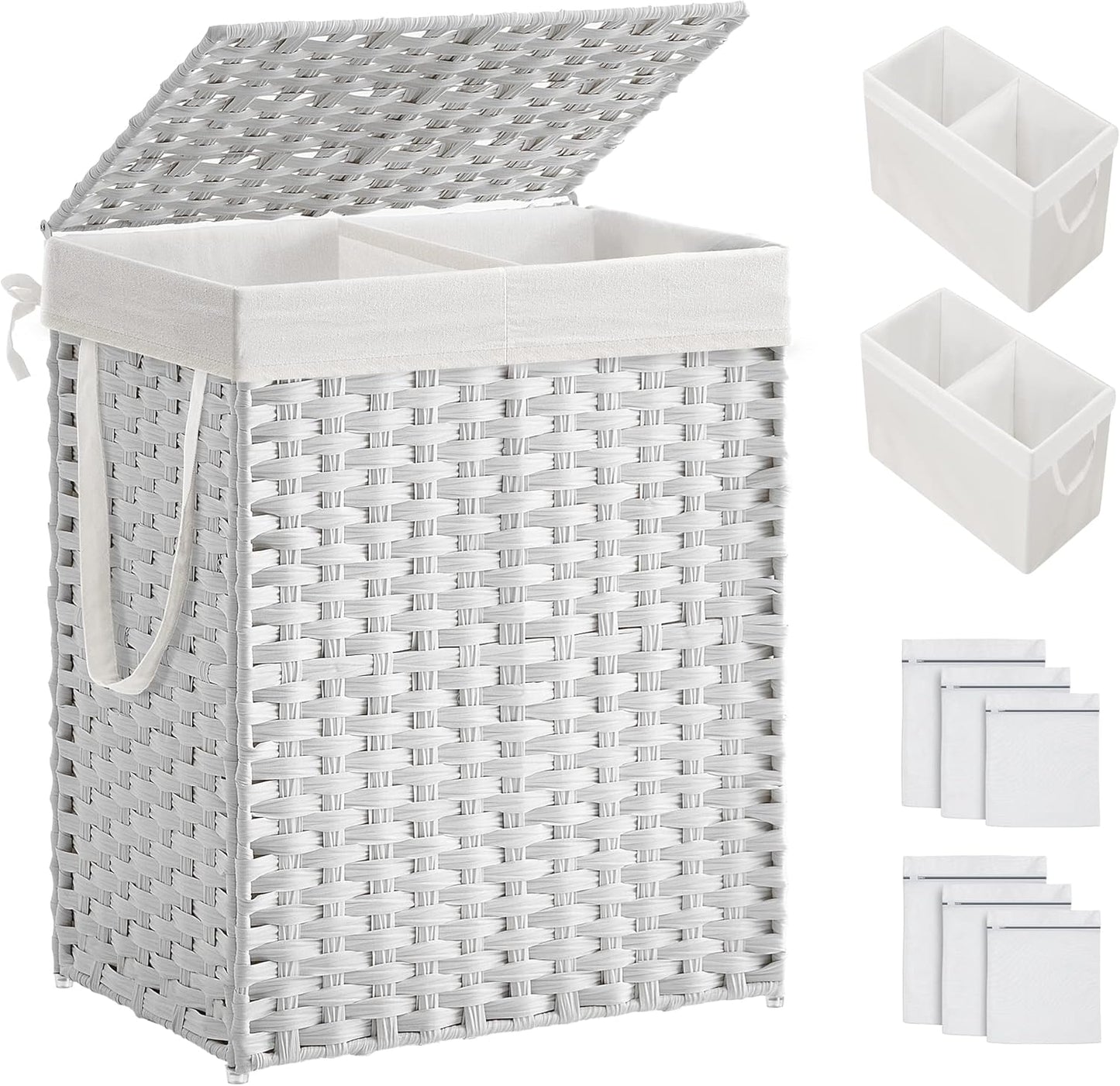 Laundry Hamper with Lid, 90L Clothes Hamper with 2 Removable Liner Bags, 6 Mesh Bags, Wicker Laundry Basket, Double Laundry Hamper for Bathroom, 13 X 18.1 X 23.6 Inches, Natural ULCB251N01V1