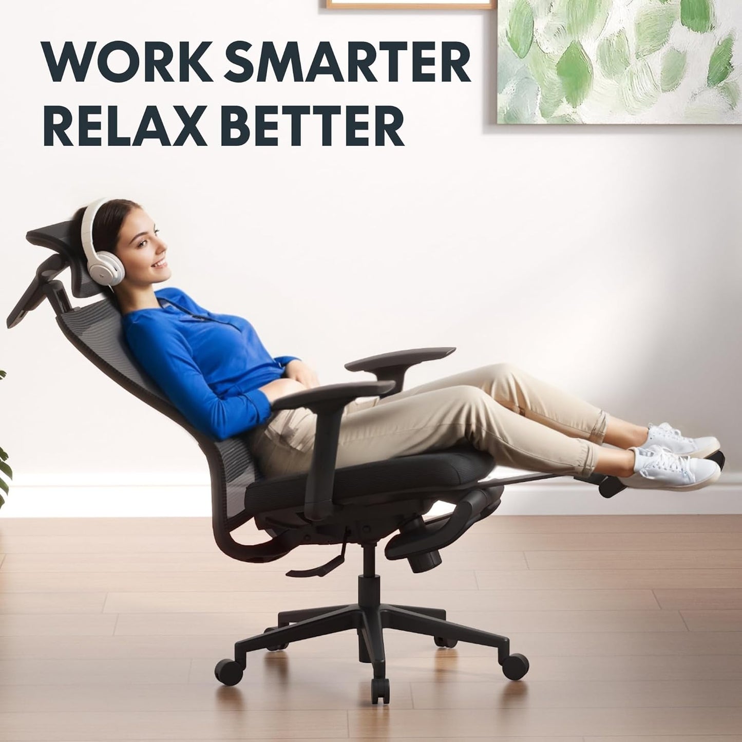 Ergonomic Office Chair with Footrest, Mesh Back Computer Chair, Home Office Desk Chairs, with Adjustable Lumbar Support/4D Headrest/Reliable Base, Elastic Foam Seat, Black, OC3 Cloud-F