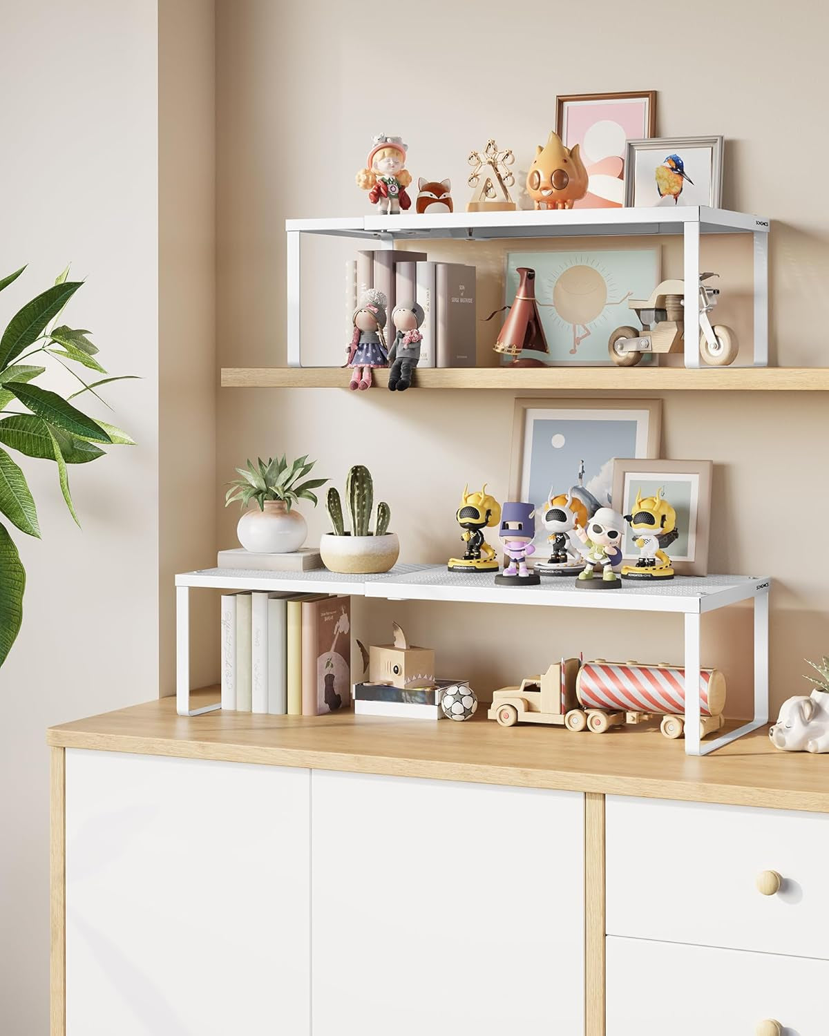 Spice Racks, Set of 2 Expandable Kitchen Countertop Shelves, Small Cupboard Organizers, Metal, Space-Saving Tabletop Shelves, Matte White UKCS402W01
