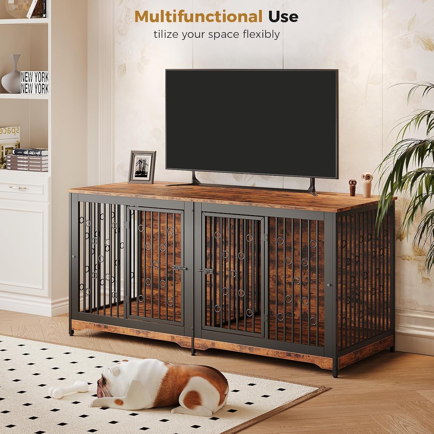 71 Inch Dog Crate Furniture for 2 Dogs with Divider, XXL Wooden Double Dog Cage Furniture TV Stand, Sturdy Indoor Pet Kennel for Medium and Large Breed, Brown