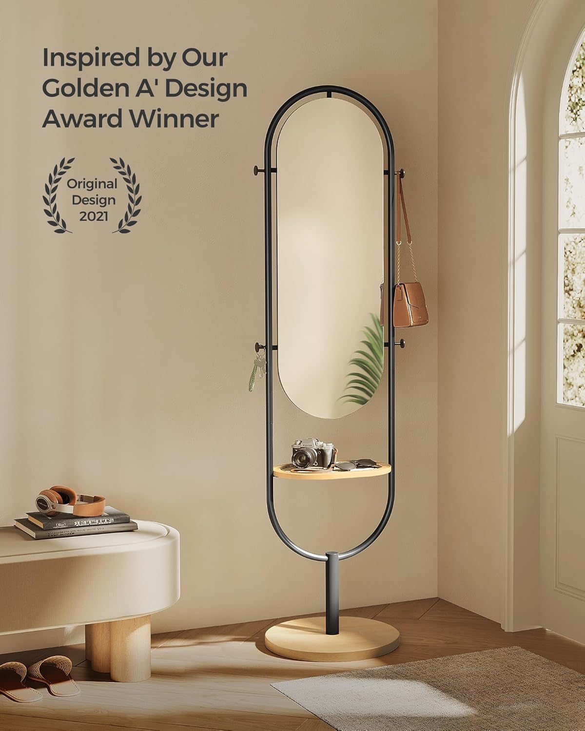 Full-Length Floor Mirror, 3-In-1, Modern Standing Full Body Mirror, Inspired by Original Award-Winning Design, 16.5 X 18.9 X 68.9 Inches, Living Room, Bedroom, Oak Beige and Ink Black