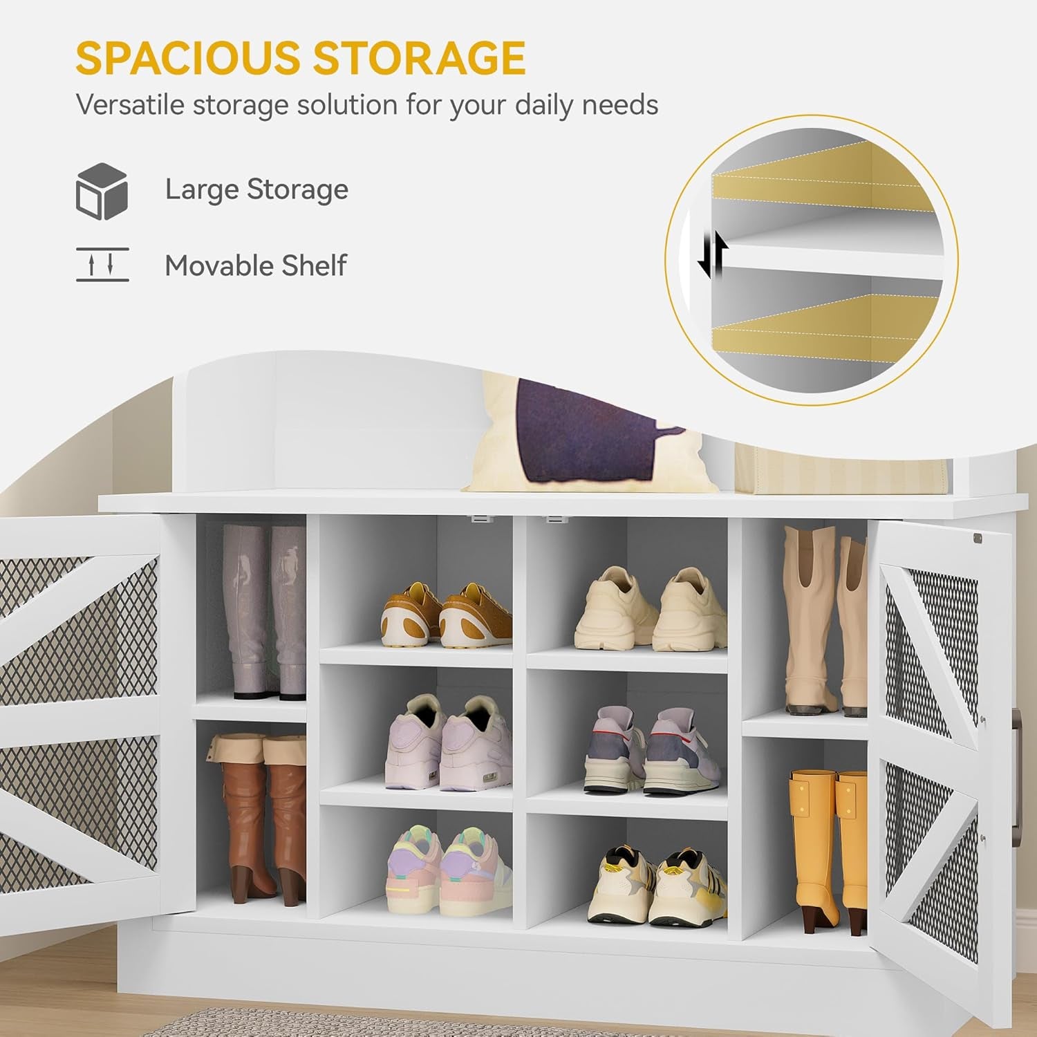 42" Wide Hall Tree with Shoe Storage, Farmhouse Entryway Bench with Coat Rack, 10 Shoe Cubbies with Adjustable Shelves & 10 Coat Hooks, Shoe Storage Bench for Entryway Hallway (White)