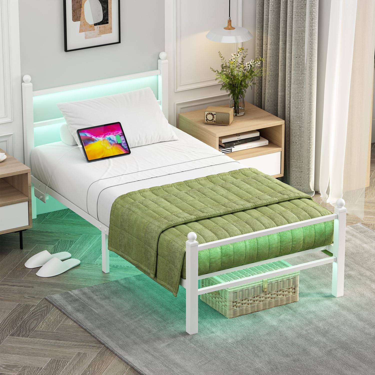 Twin Size Bed Frames with Charging Ports&Led Lights,Heavy Duty Metal Slats Support,No Box Spring Needed,Noise Free,No Squeak,Easy Assembly,For Girls Kids,White