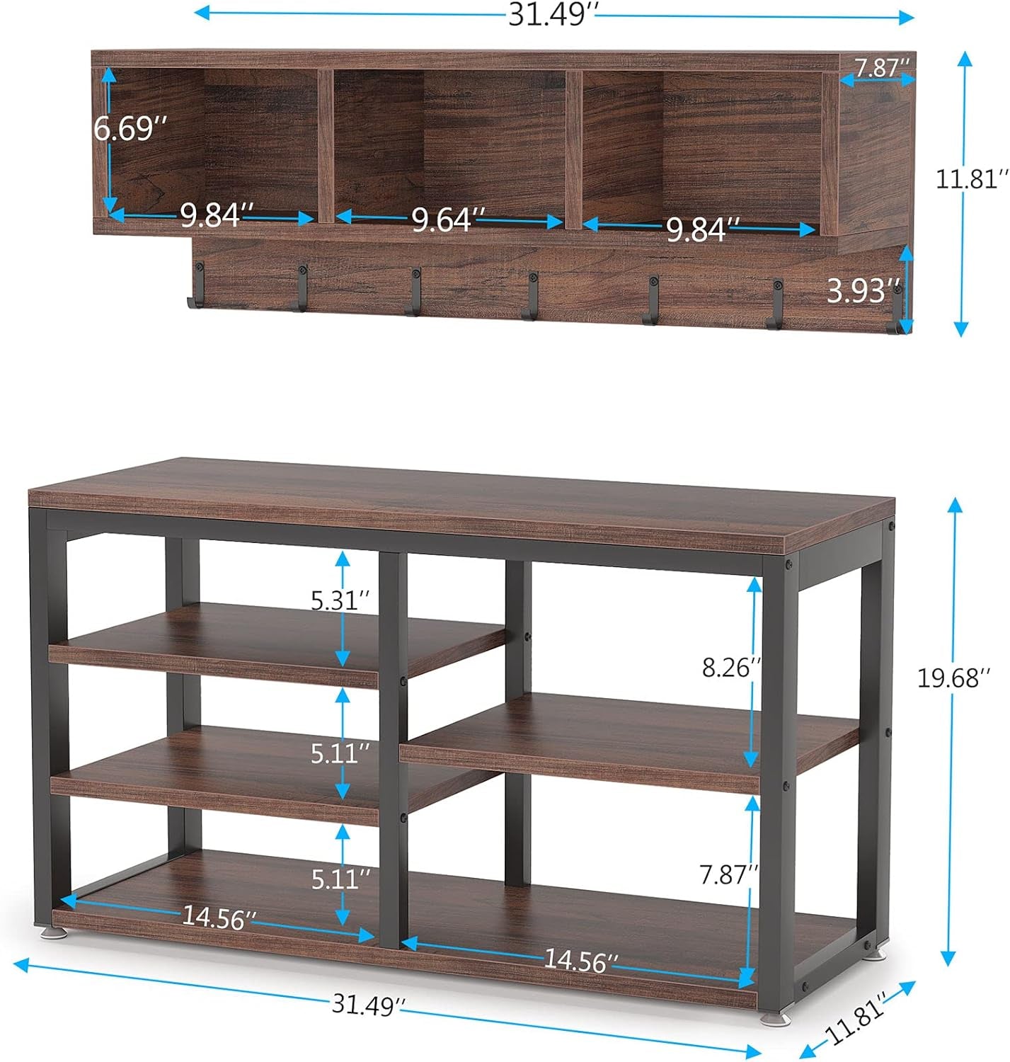 Industrial [Shoe] [Rack] [Bench] with Coat [Rack] Set with Hall Tree, 3 Storage Cubbies, 7 Hooks for Entryway, Hallway, 5-In-1Design, Rustic Brown