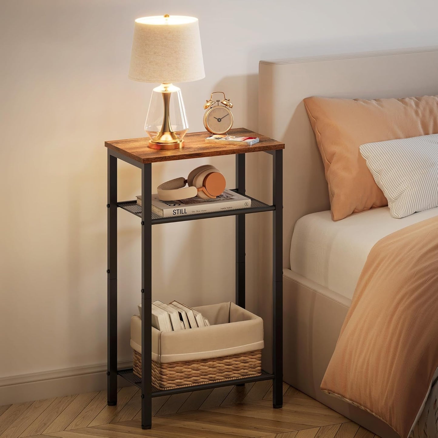 3 Tier End Table, Telephone Table, Narrow Side Table with Storage, Nightstand for Small Spaces, Metal Frame, for Living Room, Bedroom, Sofa Couch, Hall, Easy Assembly, Rustic Brown