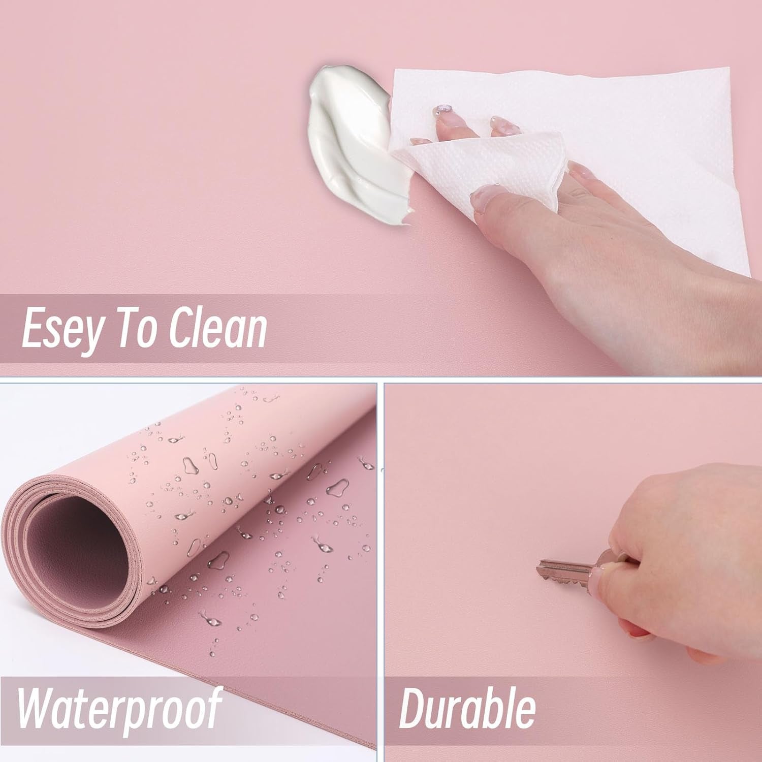 Makeup Mat for Vanity,Dual-Sided Leather Vanity Mat, Easy to Clean, Waterproof and Oilproof,Desk Pad Mat to Protect Vanity(Pink)