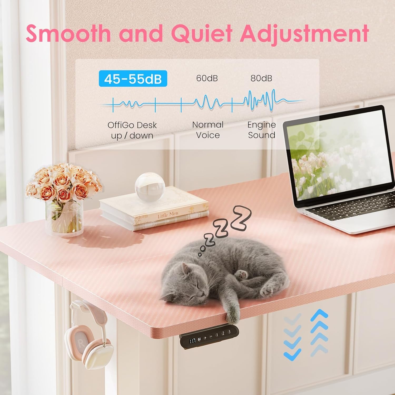 Electric Height Adjustable Standing Desk, 48 Inch Pink Computer Desk for Women Girls, Sit Stand Table for Home, Office, Bedroom