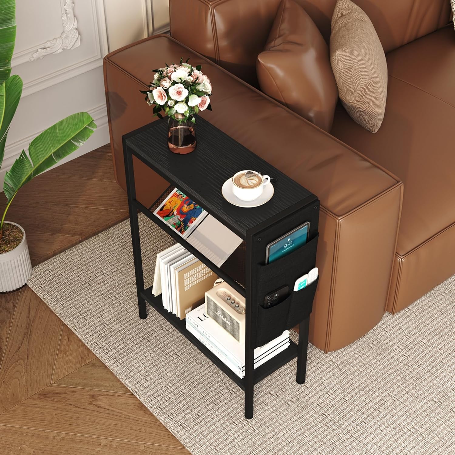 Small Narrow Side Table for Small Spaces, Slim End Table with Storage Bag, Sofa Snack Table with Adjustable Metal Mesh, 3 Tier Accent Skinny beside Table for Living Room & Bedroom, Black Oak