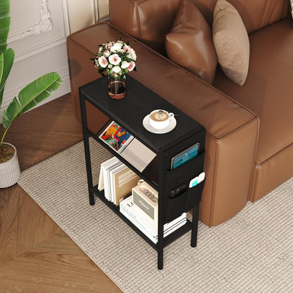 Small Narrow Side Table for Small Spaces, Slim End Table with Storage Bag, Sofa Snack Table with Adjustable Metal Mesh, 3 Tier Accent Skinny beside Table for Living Room & Bedroom, Black Oak