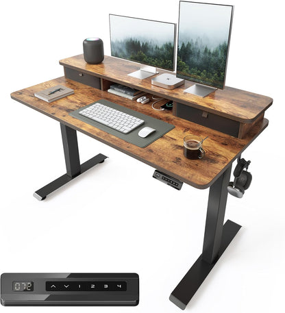 48 X 24 Inch Height Adjustable Electric Standing Desk with Double Drawer, Stand up Table with Storage Shelf, Sit Stand Desk, Rustic Brown