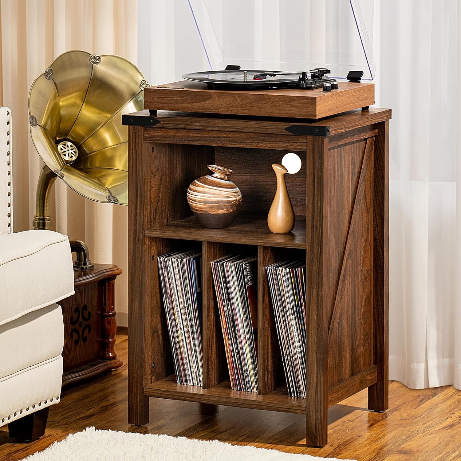Record Player Stand with Vinyl Record Storage,Rustic Brown Record Player Table Holds up to 160 Albums,Large Wood Turntable Stand Cabinet Dispaly Shelf for Living Room,Bedroom,Office