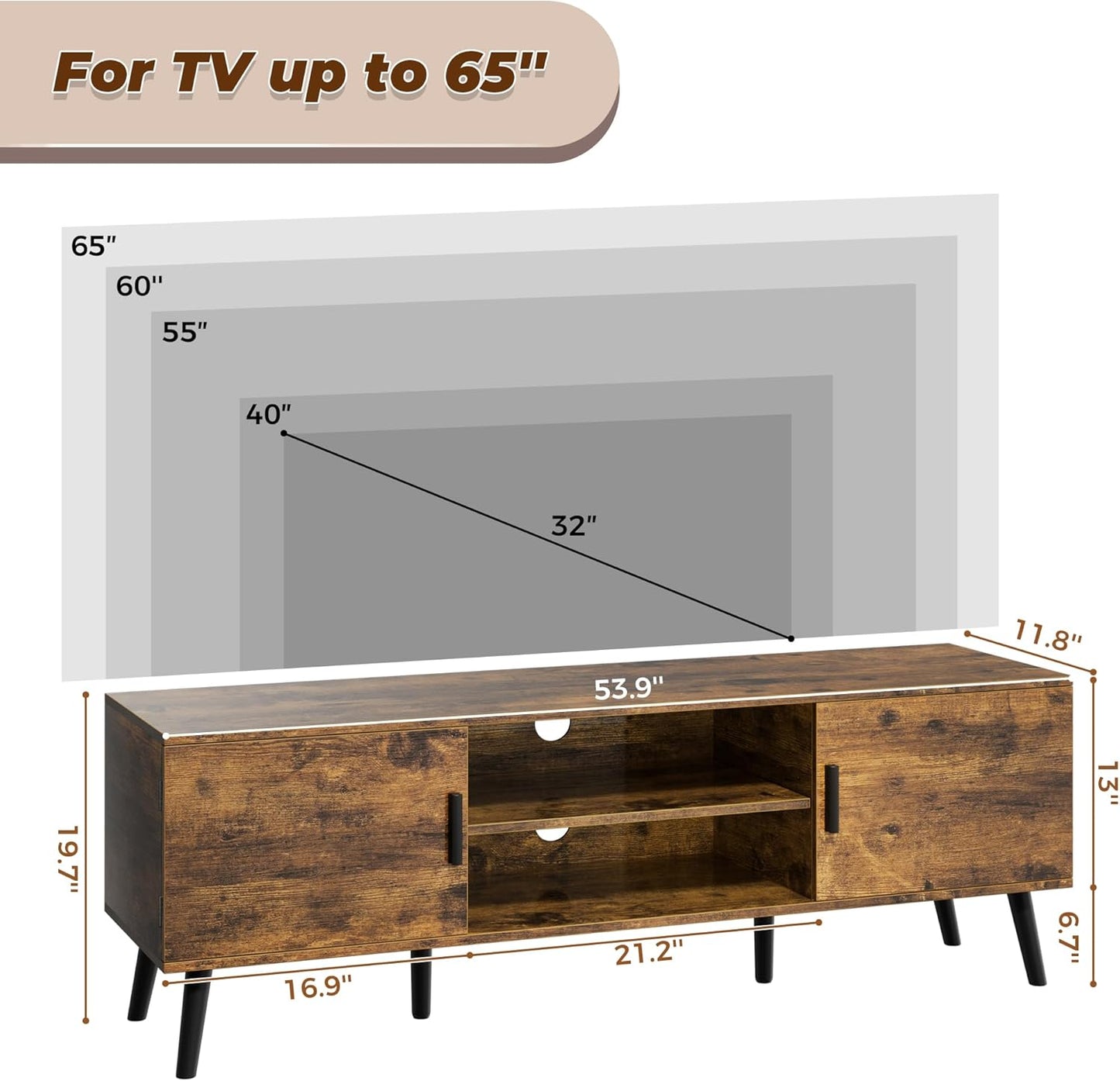 TV Stand for 55 Inch TV, Entertainment Center with Adjustable Shelf, 2 Cabinets, TV Console Table, Media Console, Solid Wood Feet, Cord Holes, for Living Room, Bedroom, Rustic Brown