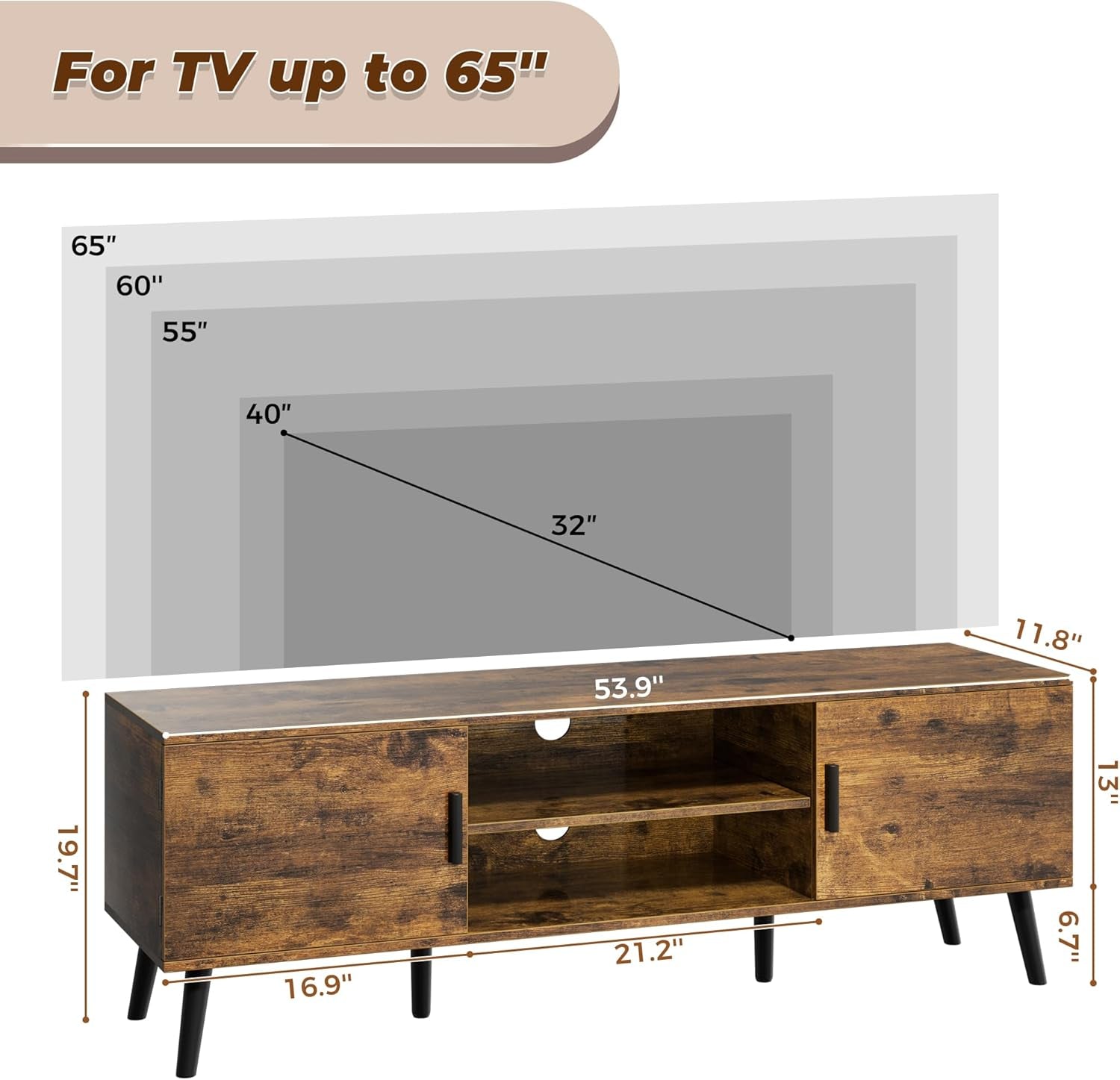 TV Stand for 55 Inch TV, Entertainment Center with Adjustable Shelf, 2 Cabinets, TV Console Table, Media Console, Solid Wood Feet, Cord Holes, for Living Room, Bedroom, Rustic Brown