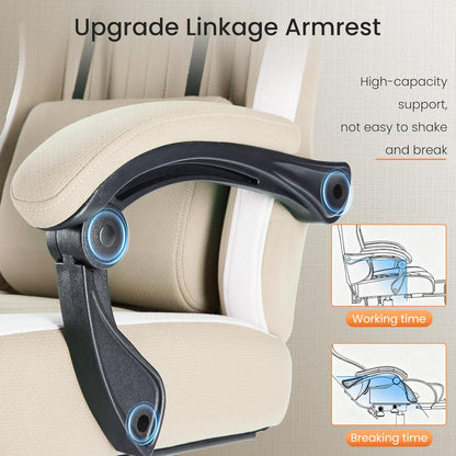 Computer Gaming Chair - High Back Ergonomic Desk Chair with Footrest and Lumbar Support, Height Adjustable Task Chair with Linkage Armrests and Headrest, 360° Swivel Wheels, Khaki