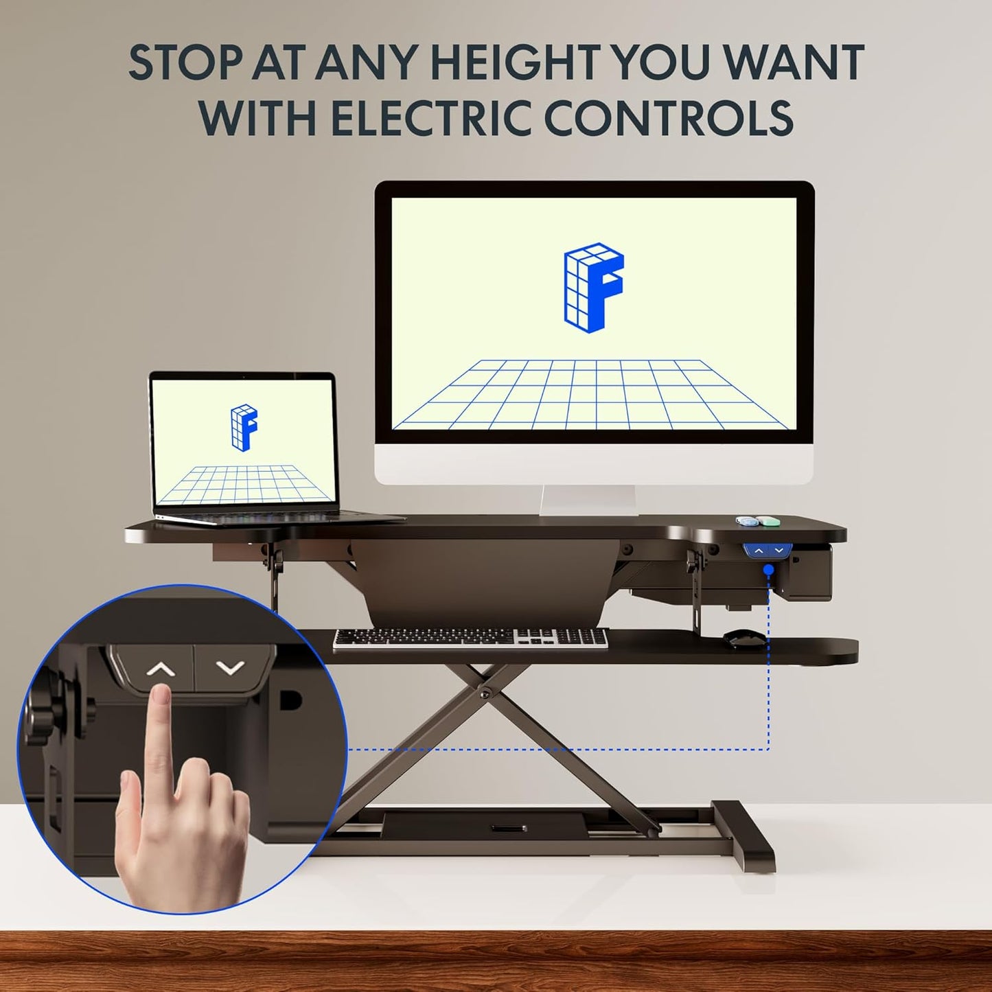 35 Inch Electric Standing Desk Converter, Motorized Stand up Desk Riser, Monitor and Laptop Workstation with Wide Keyboard Tray, Black