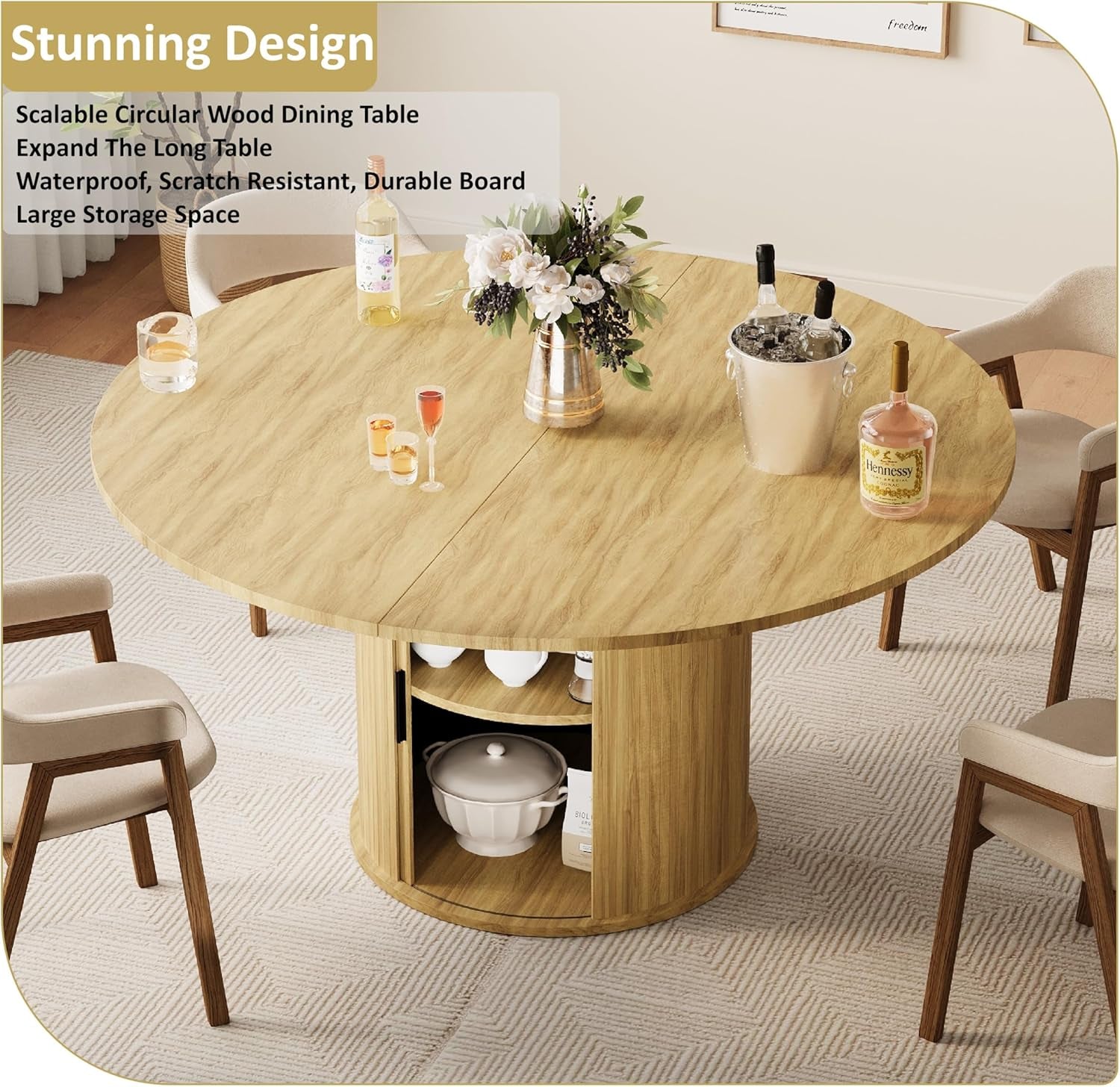 Extendable round Dining Table for 4-6-8, 59 Inch Dining Room Kitchen Table with 2-Tier Storage Shelf, Modern Farmhouse Fluted Wood Slide Door Dinner Furniture,Oval Circle,Oak