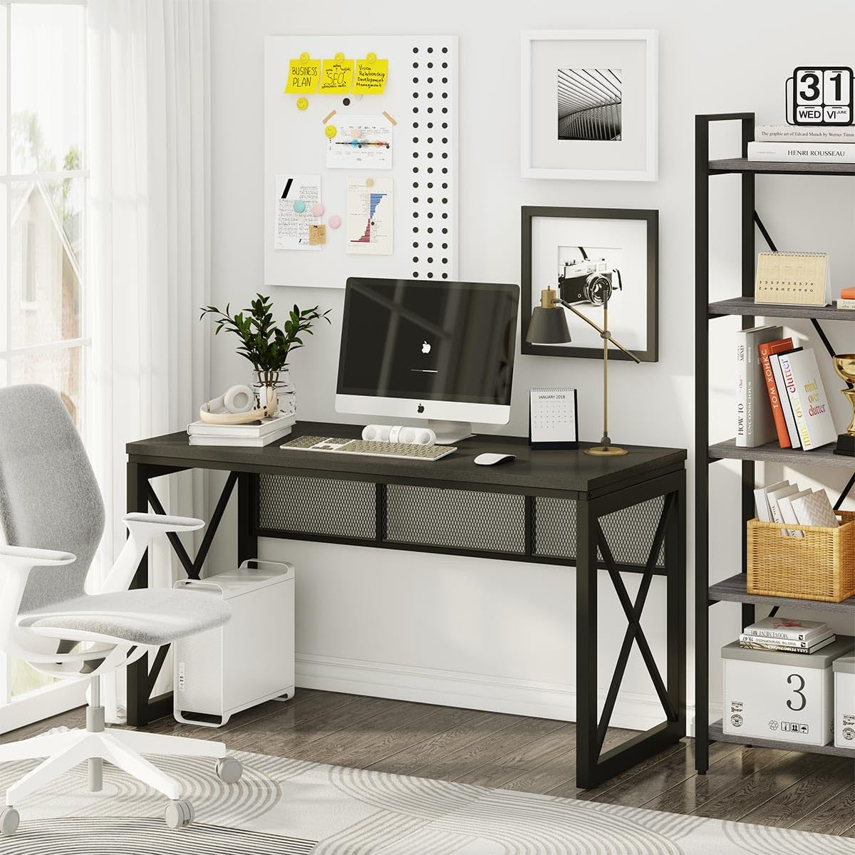 Black Computer Desk, Modern Gaming Desk, Industrial Wood Office Desks, Sturdy Writing Desks for Home Office, Living Room, Study Workstation, Bedroom (Black, 54 Inch)