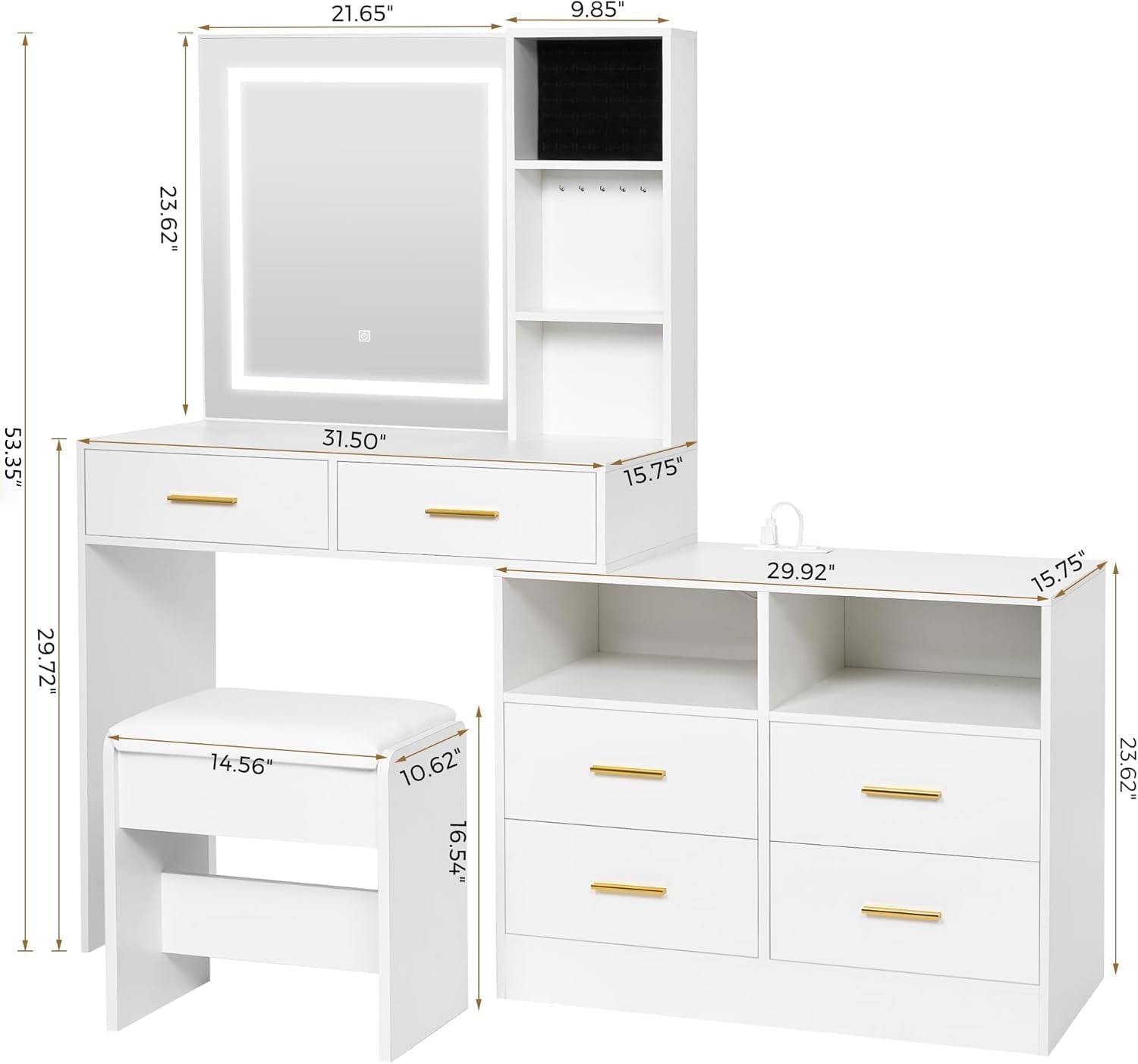 White Vanity Desk with Mirror and Lights,Makeup Vanity L Shape Change Makeup Desk with 6 Drawers Stool Power Outlet Jewelry Storage,Dressing Table with Dresser for Bedroom Girls Women FST26W