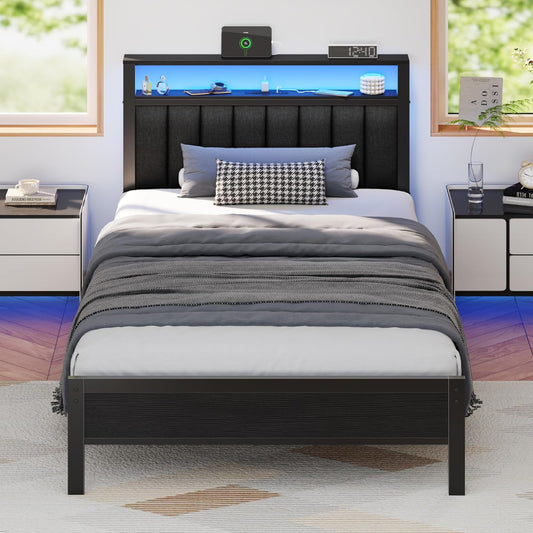 Twin Size Bed Frame with Charging Station and LED Lights, Platform Bed with Metal Slats, Grey Upholstered Headboard with 2-Tier Storage Shelves, No Box Spring Needed