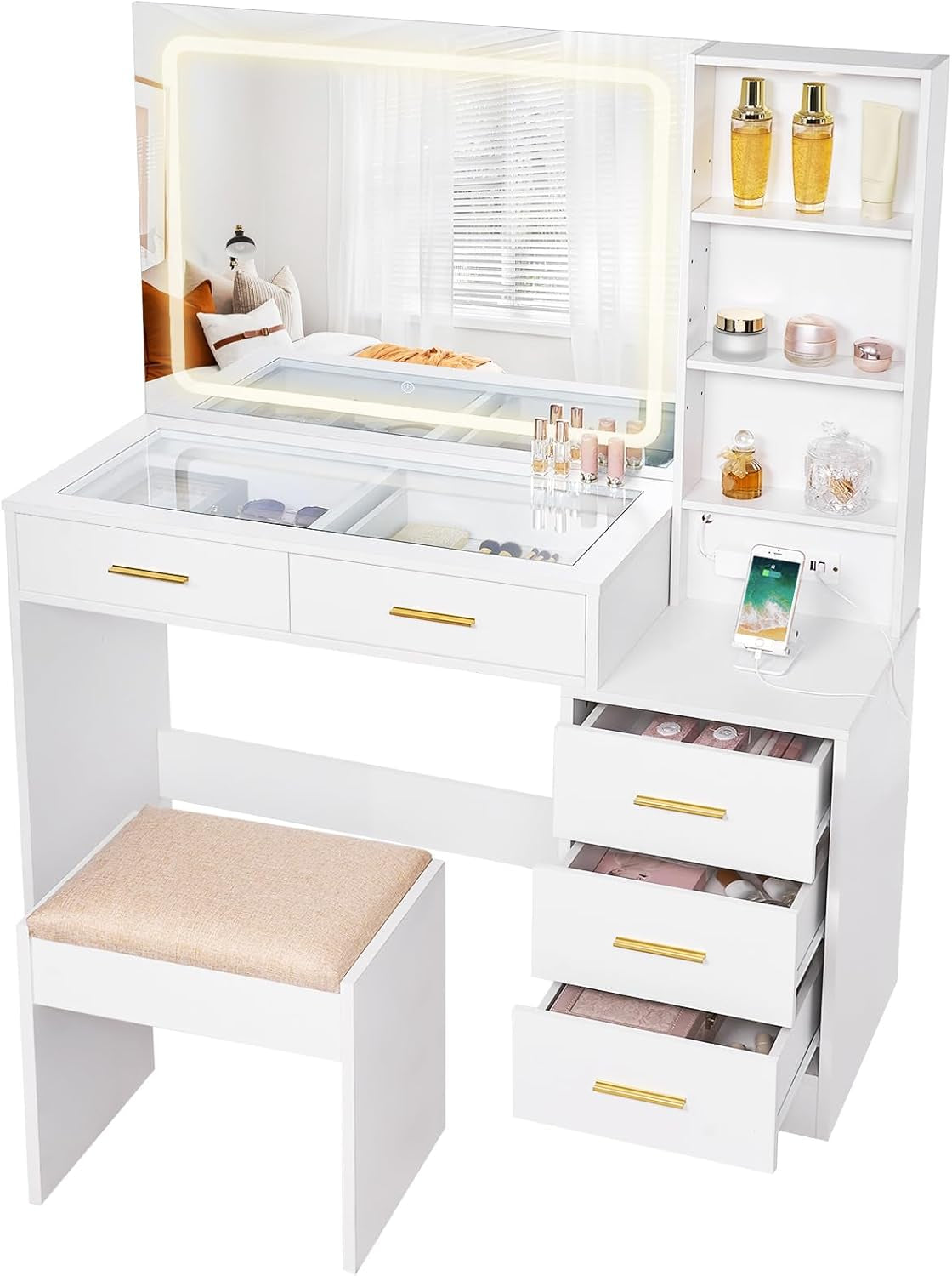 Makeup Vanity Desk with Mirror and Lights,White Vanity Table with Glass Top,Makeup Desk with Power Outlet,5 Drawers,3 Lighting Modes,Stool,Nightstand,Dressing Table for Bedroom Girls FST29W