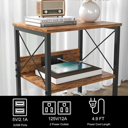 3 Tiers End Table with Charging Station, LED Side Small Table Turntable for Vinyl Storage, Records Player Stand for Albums, Vinyl Holder Shelf Tables for Living Room, Bedroom Rustic Brown