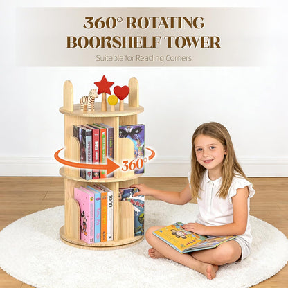 Rotating Bookshelf, Solid Pine Wood Spinning Bookshelf Tower 4 Tier, 360° Revolving Bookcase for Kids, Multi-Functiona Corner round Turning Book Shelf Organizer for Small Spaces