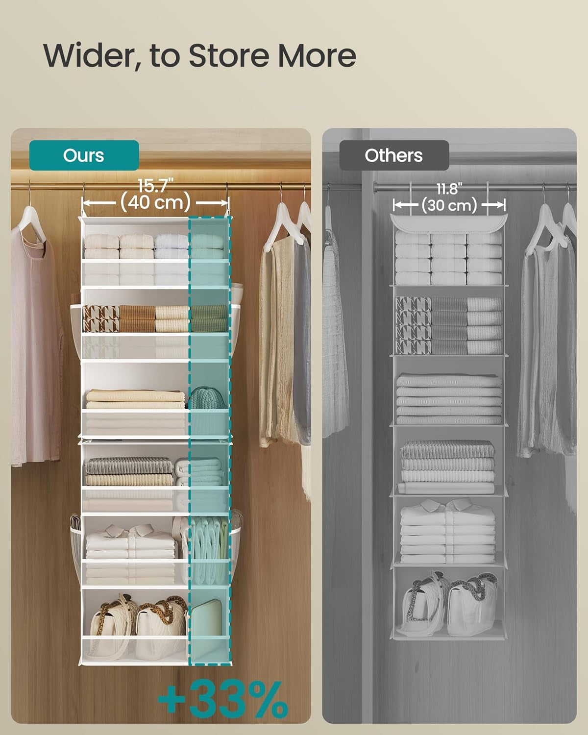 Hanging Closet Organizer, 6-Tier Fabric Storage Shelf, Separable Closet Hanging Shelf with Side Pockets, Foldable, Metal Hooks and Bamboo Inserts, Cloud White URCH007W01