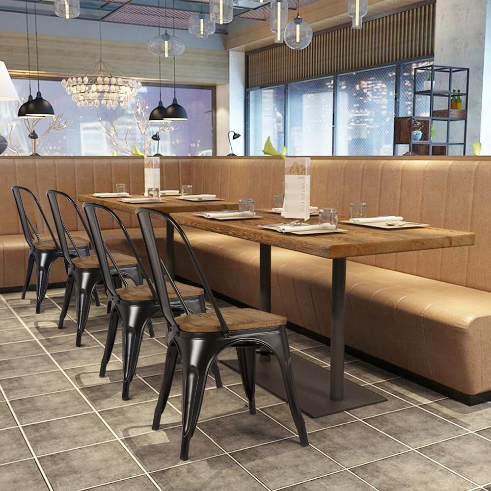 Metal Dining Chairs Set of 4, Industrial Stackable Kitchen Chairs with Wood Top Seat for Dining Room/Restaurant/Bistro/Patio, Indoor & Outdoor Use, Black