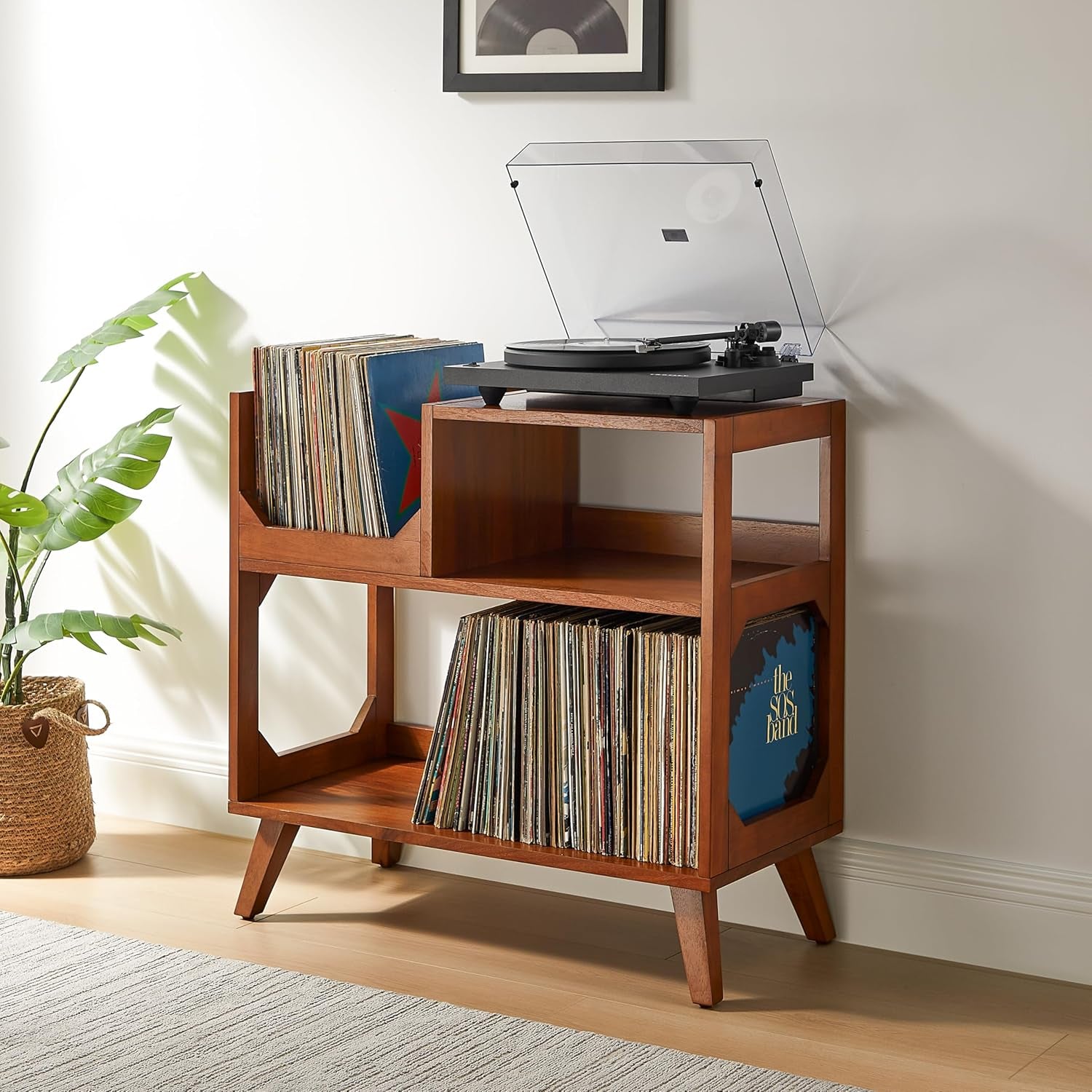 Asheville Mid-Century Modern Media Console Record Player Stand, Storage for Vinyl Records, Medium, Walnut