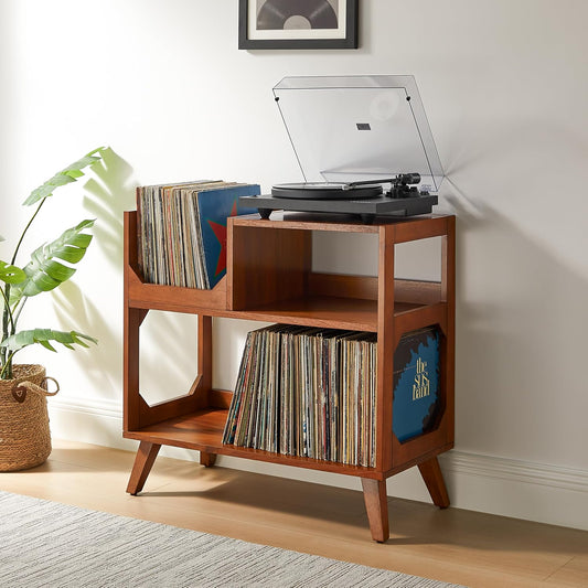 Asheville Mid-Century Modern Media Console Record Player Stand, Storage for Vinyl Records, Medium, Walnut