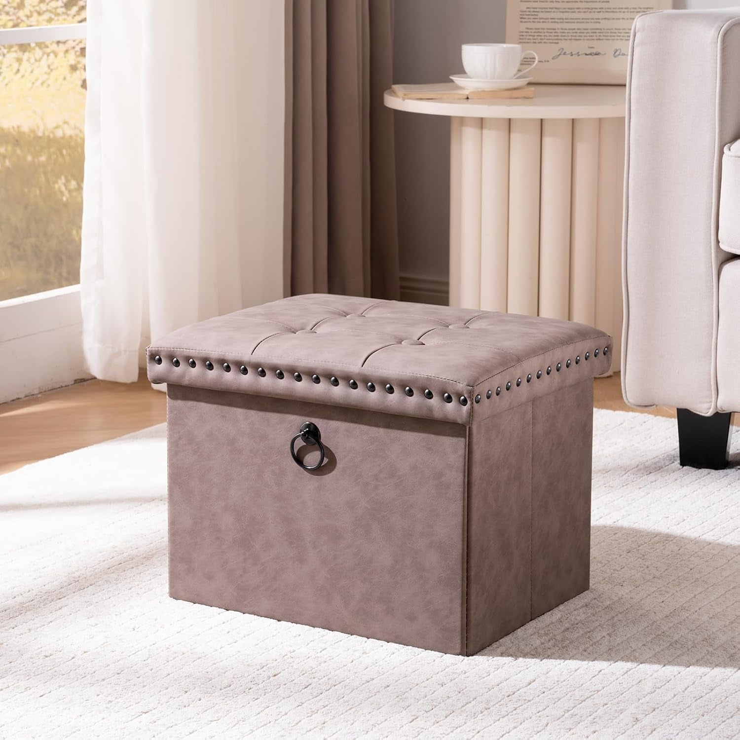 16 Inches Folding Cube Storage Ottoman, Small Leather Foot Rest Stool with Button Tufted Rivet Design, Footstool Bench, Ottoman with Storage for Living Room, Coffee Table 242 Lbs, Oak Brown