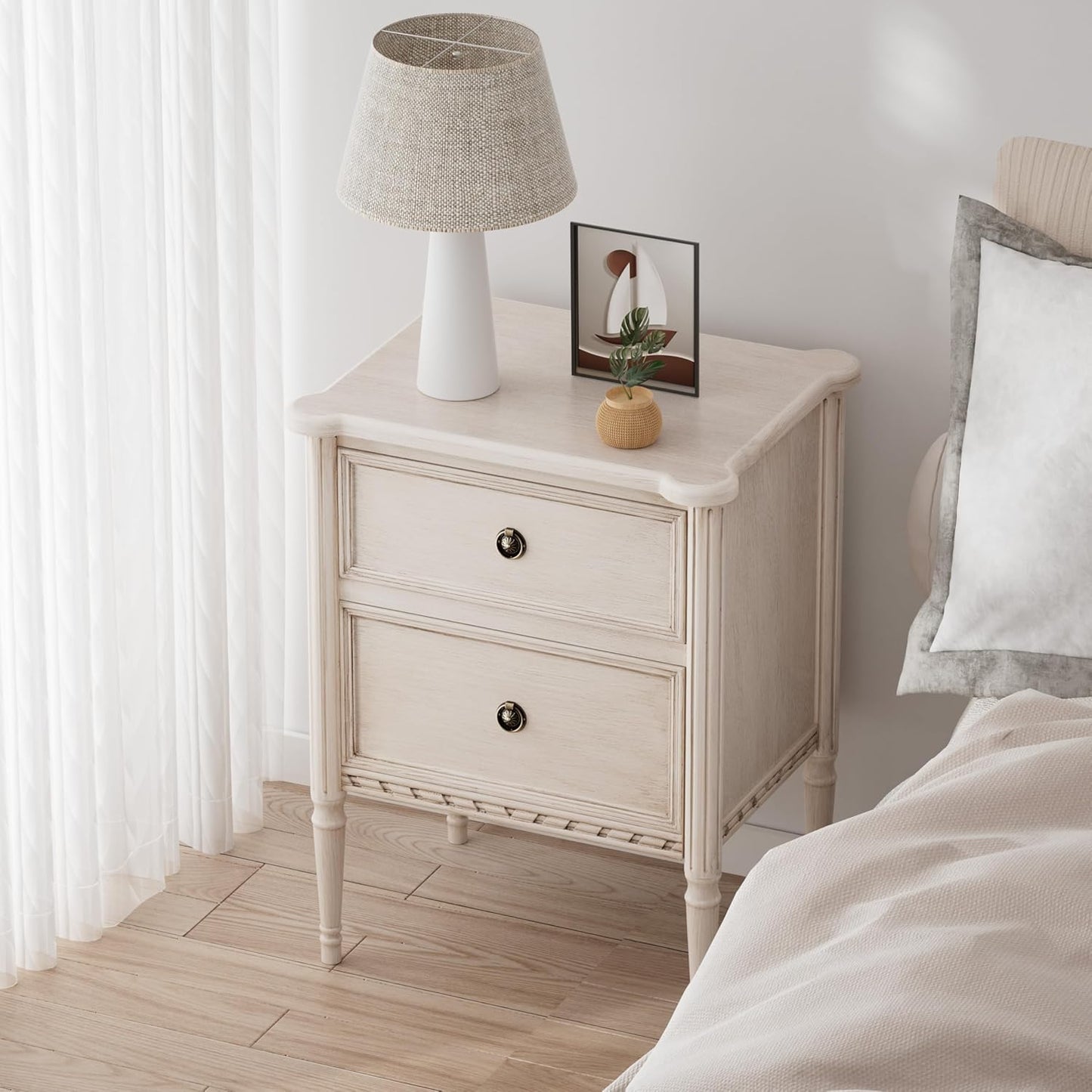 Farmhouse 2 Drawer Nightstand with Hidden Drawer, Antique Finish, Solid Pine Wood with MDF Drawers, Almost Fully Assembled, Cream White