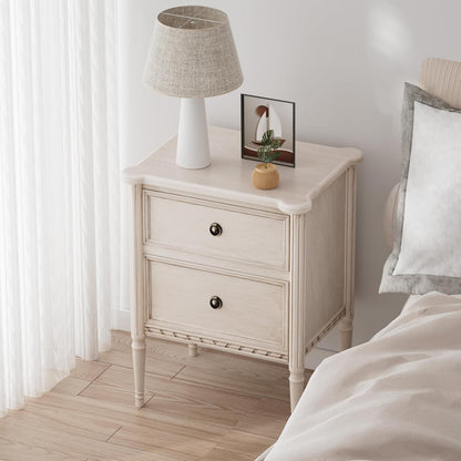 Farmhouse 2 Drawer Nightstand with Hidden Drawer, Antique Finish, Solid Pine Wood with MDF Drawers, Almost Fully Assembled, Cream White