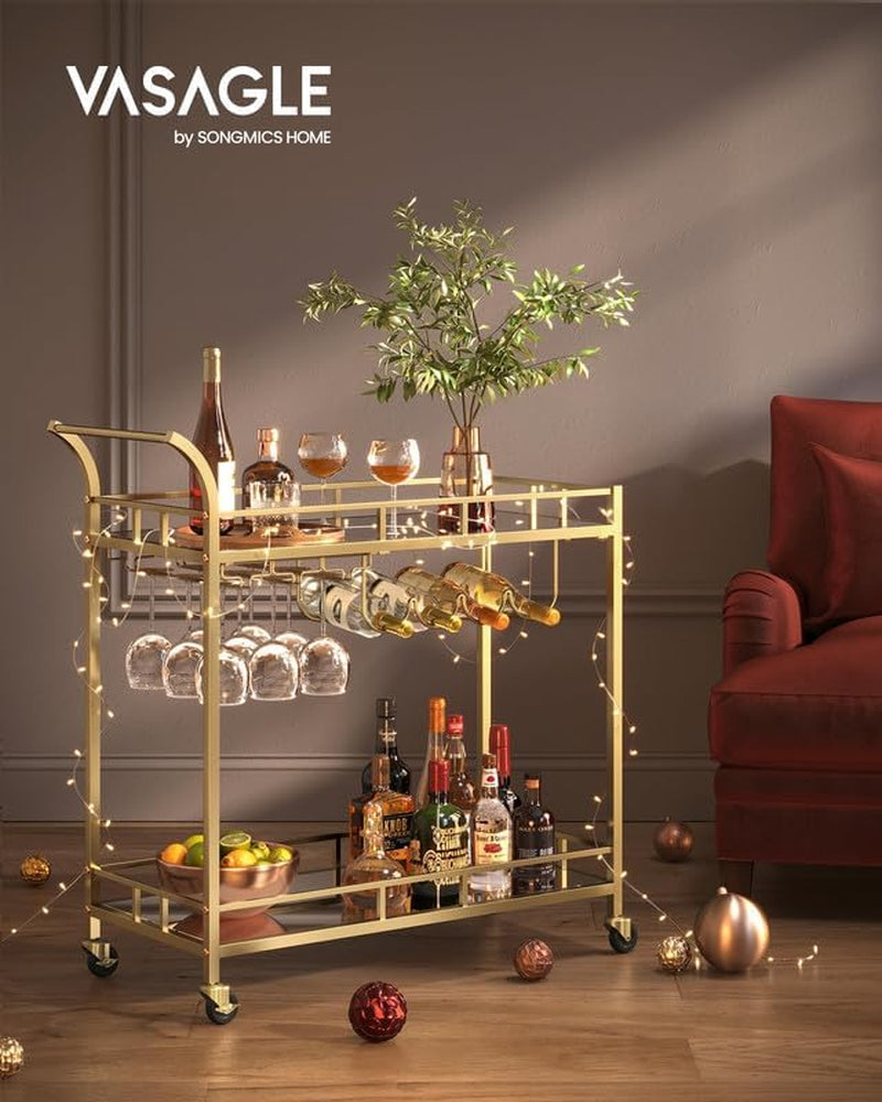 Bar Cart Gold, Home Bar Serving Cart, Wine Cart with 2 Mirrored Shelves, Wine Holders, Glass Holders, for Kitchen, Dining Room, Gold ULRC090A03