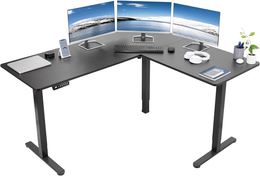 Corner Standing Desk, 63 X 55 Inch Reversible L-Shaped Workstation, Electric Height Adjustment, Home, Office, and Reception Rooms, Black Table Top Black Frame, DESK-E3CTB