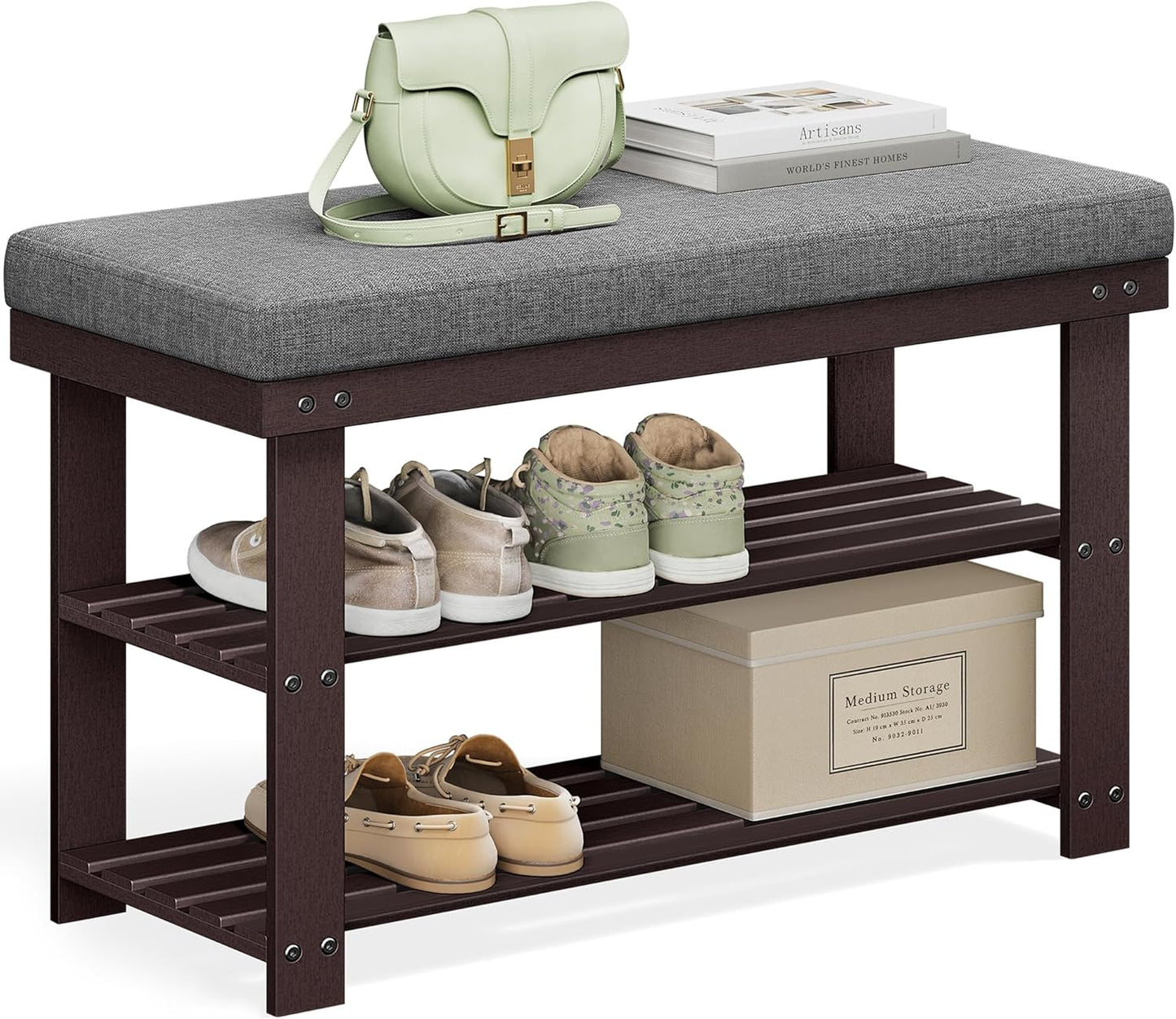Bamboo Shoe Bench, 3-Tier Shoe Rack Organizer for Entryway, Living Room, Bench Seat Holds up to 300 Lb, 11.9 X 28.3 X 19.2 Inches, Rustic Walnut and Slate Gray ULBS604CG