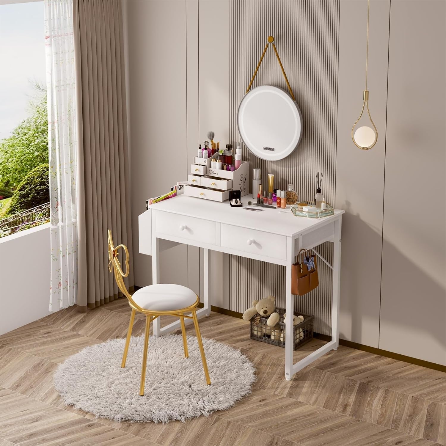 Small White Kids Desk with Drawers for Bedroom, 32 Inch Home Office Desks with Fabric Storage Drawer and Bag, Study Writing Vanity Table for Small Spaces, White